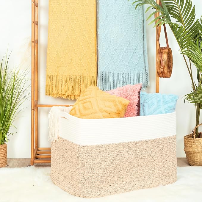 112L Extra Large Blanket Basket Holder Living Room, 25"x17"x16" Rectangle Rope Woven Storage Basket with Handles for Laundry, Pool Towels, Shoes, Dog Toy Organizer Bin Box, Light Brown - Image 2