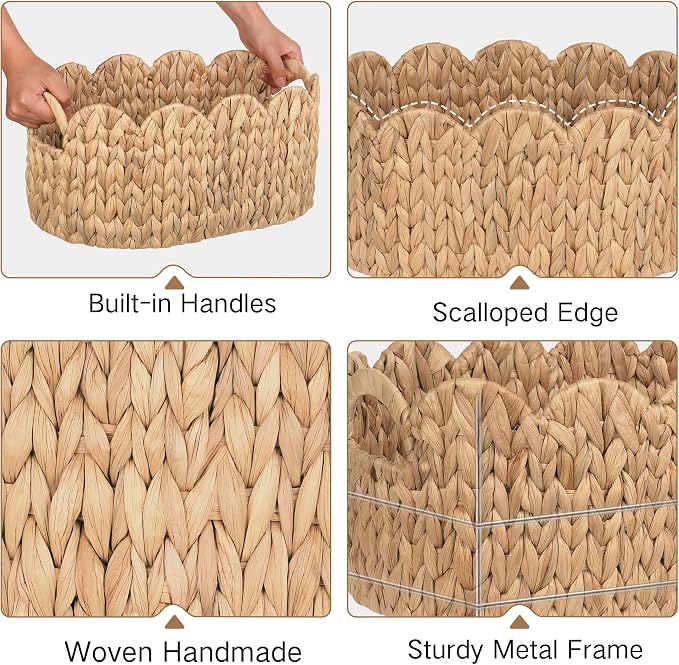 iEGrow Scalloped Wicker Basket, Set of 2 Hand-Woven Natural Rattan Baskets with Built-in Handles, Water Hyacinth Storage Oval Cute Baby Baskets for Nursery, Organizing, Decor and Shelves - Image 5