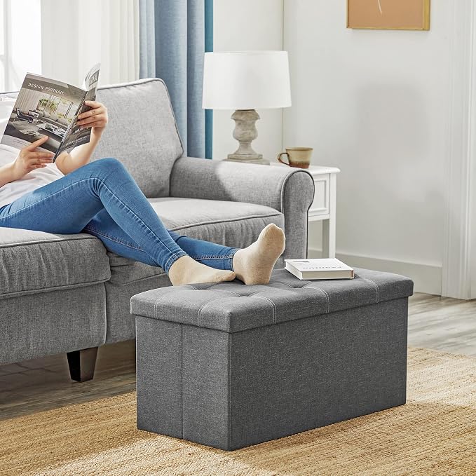 SONGMICS Mazie Collection - 30 Inches Ottoman Storage Bench, 21 Gal. Folding Chest with Breathable Linen-Look Fabric, Load up to 660 lb, for Entryway, Living Room, Bedroom, Dark Gray ULSF001G01 - Image 5