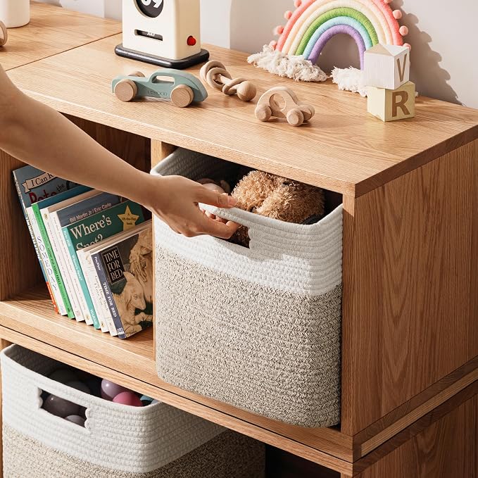 UBBCARE Set of 4 Storage Cubes-11 X 10.5 X 10.5 In, Cotton Rope Basket for Shelves, Toys, Book, Cube Storage Bin with Handles, Woven Storage Basket for Organizing, White/Brown - Image 4