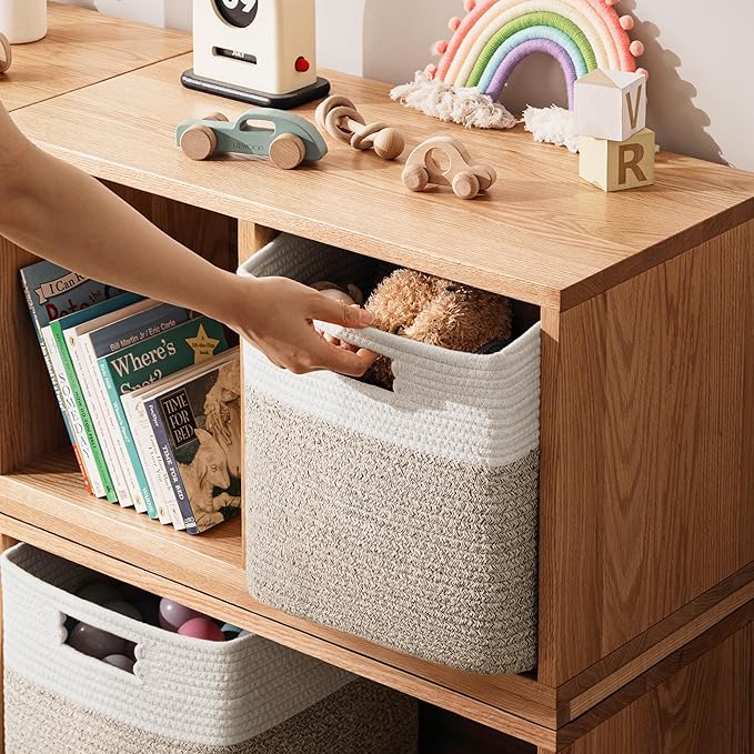 UBBCARE Set of 4 Storage Basket-12 X 12 X 12 in, Cotton Rope Basket for Shelves, Toys, Book, Cube Storage Bins with Handles, Woven Storage Basket for Organizing, White Brown - Image 4