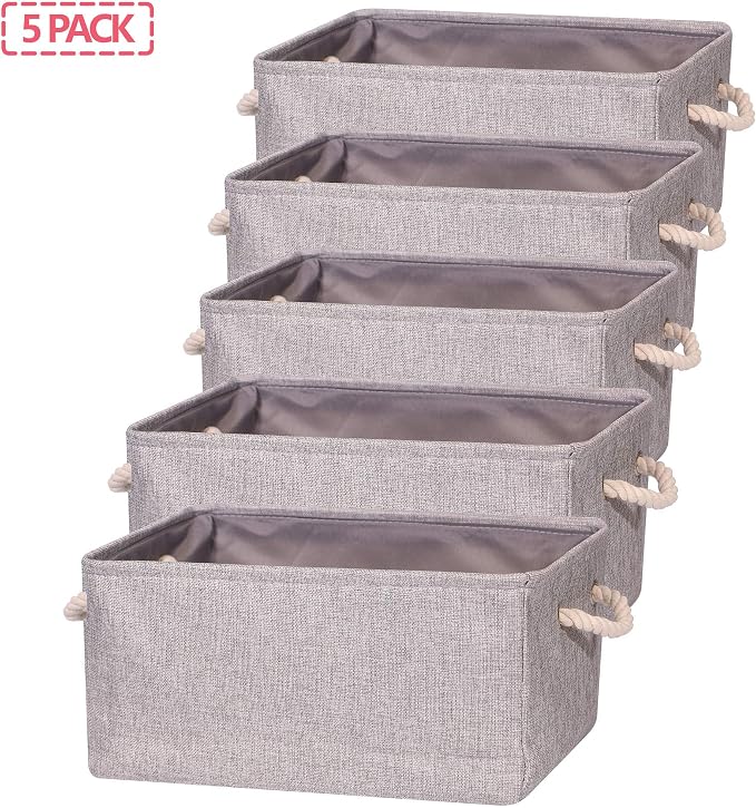 TENABORT 5 Pack Large Storage Basket Bin, Foldable Storage Cube Box Canvas Fabric Collapsible Organizer with Handles for Closet Home Office Clothes Shelf, Grey - Image 7