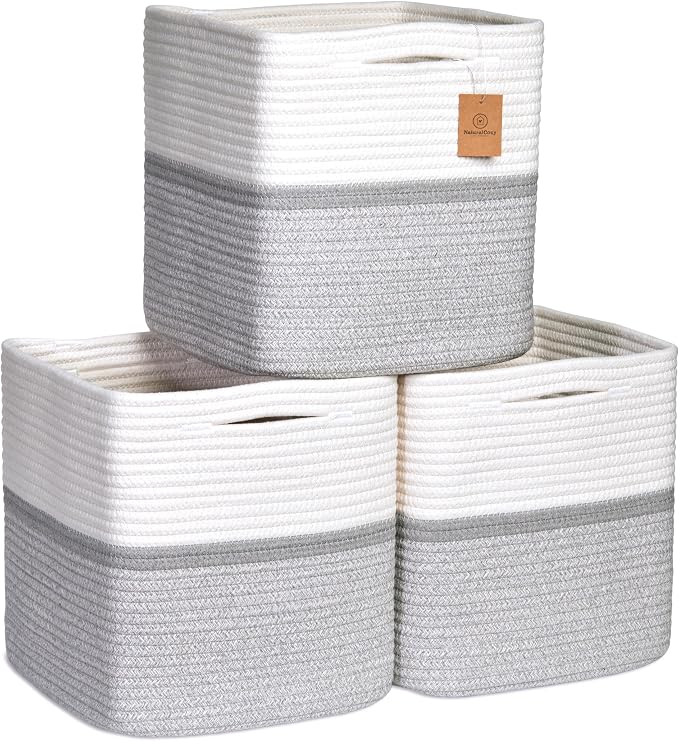 NaturalCozy Storage Cubes 11 Inch Cotton Rope Woven Baskets for Organizing, 3-Pack | Cube Storage Bin | Square Storage Baskets for Shelves Organizer, Classroom, Kids Toy Bins, Closet, Baby Nursery by NaturalCozy