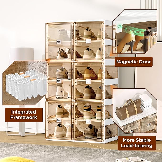 ANTBOX Foldable Shoe Rack,Shoe Organizers for Closet Plastic Shoe Storage Box For Entryway,Living Room,Large Sturdy Stackable Sneaker Cabinet Bins With Magnetic Clear Door 6 Tiers 12 Pairs - Image 7