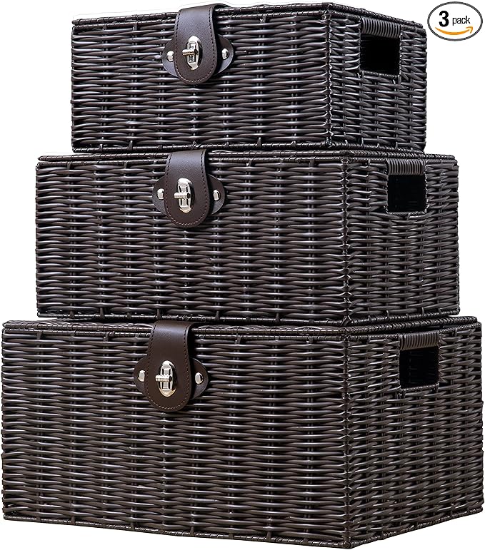 Set of 3 Woven Wicker Storage Basket Box with Lids & Lock, Built-in Carry Handles, Multifunctional Storage Organizer for Nursery, Baby, Clothes, Toys, Books, Large/Medium/Small Size (Brown) by Homepeaz