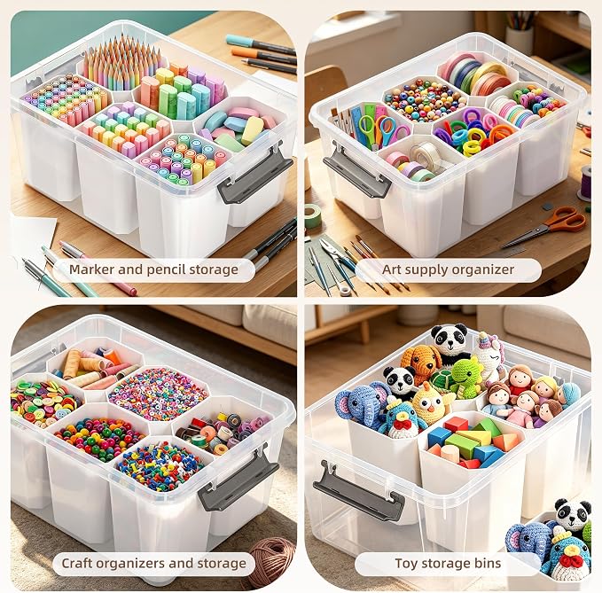 Citylife 17QT Craft Organizers and Storage bins with Lids, Marker Organizer | Clear Plastic, Art Supply Organizer for Markers, Crayons and Crafts, 6 Detachable Inserts, Versatile Stackable, No Assembly - Image 5