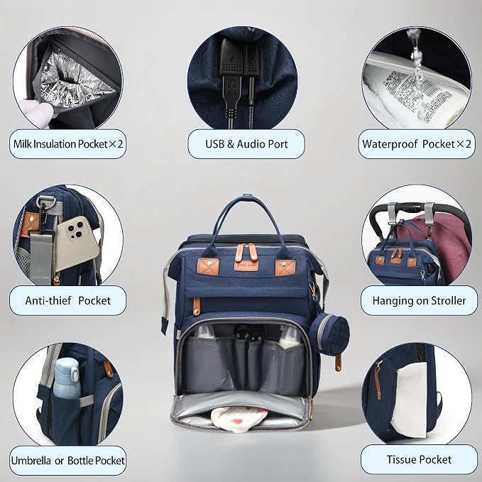 Diaper Bag with Changing Station, Pacifier Pouch, Waterproof Travel Design, Blue - Image 3