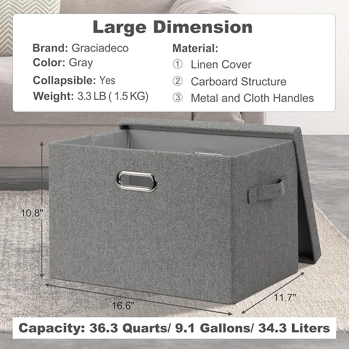 Graciadeco Large 17" 36 Quart Collapsible Stackable Storage Bins with Lids, 1 Pack Grey Foldable Fabric Closet Storage Boxes with Lids, 4 Handles Heavy-duty Linen Cube Baskets for Bedroom | 36 Quart 1 Pack Gray1 Collapsible Stackable Linen Fabric 4 Han... - Image 2