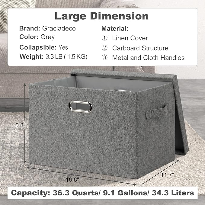 Graciadeco Large 17" 36 Quart Collapsible Stackable Storage Bins with Lids, 3 Packs Grey Linen Fabric Closet Boxes with Lids, Storage Cube Baskets Container Organizers for Bedroom Office(17 x12 x11) | 36 Quart 3 Pack Gray1 Collapsible Stackable Linen F... - Image 2
