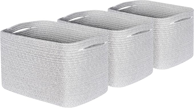 3-Pack Decorative Woven Storage Baskets for Shelves, Cube Bin Box for Organizing Books, Shoes, Dog Toys, Pantry Closet and Living Room Organizer, Light Gray Mix - Image 8