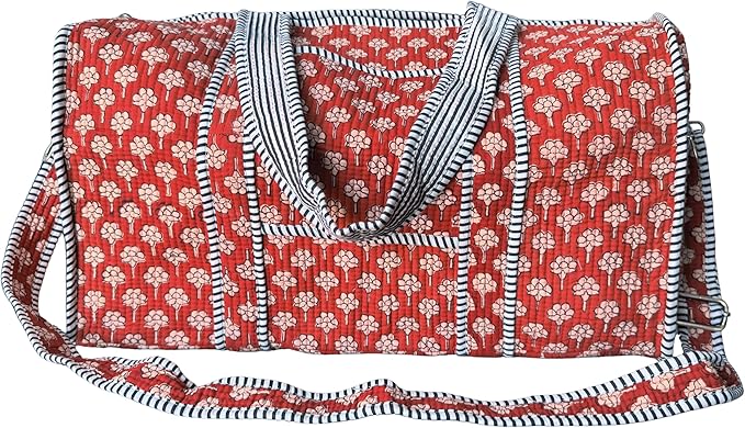 ATOSII Handblock Print 100% Cotton Large Quilted Duffle Bag for Overnight Trip, Travel Weekend Bag, Luggage, 2 Pockets with Zipper, 1 Front Pocket, Detachable Long Strap, 20 X 10 X 12 Inches, Terra by ATOSII
