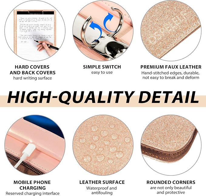 Leather Clipboard with Storage, Zippered Padfolio Portfolio Organizer, 3 Ring Binder 1 Inch, Notepad, Tablet Sleeve, 5 Dividers with Pocket, Stickets for Office, Nurses, Students, Teachers Rose Gold - Image 5