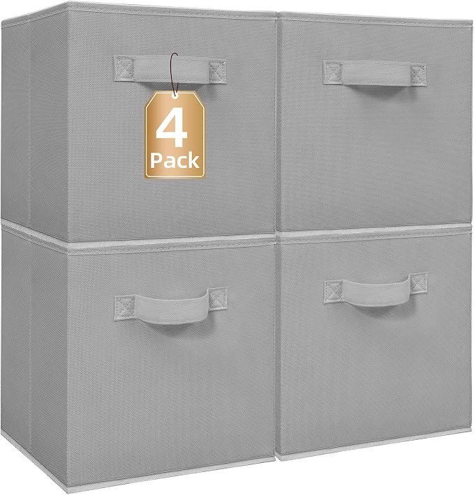 STORAGE MANIAC Storage Cubes, 11 Inch Collapsible Storage Bins with Handles, 4 Pack Fabric Foldable Bins for Organization, Durable Storage Bins for Closet, Shelves, Offices, 4-Pack Grey by STORAGEMANIAC