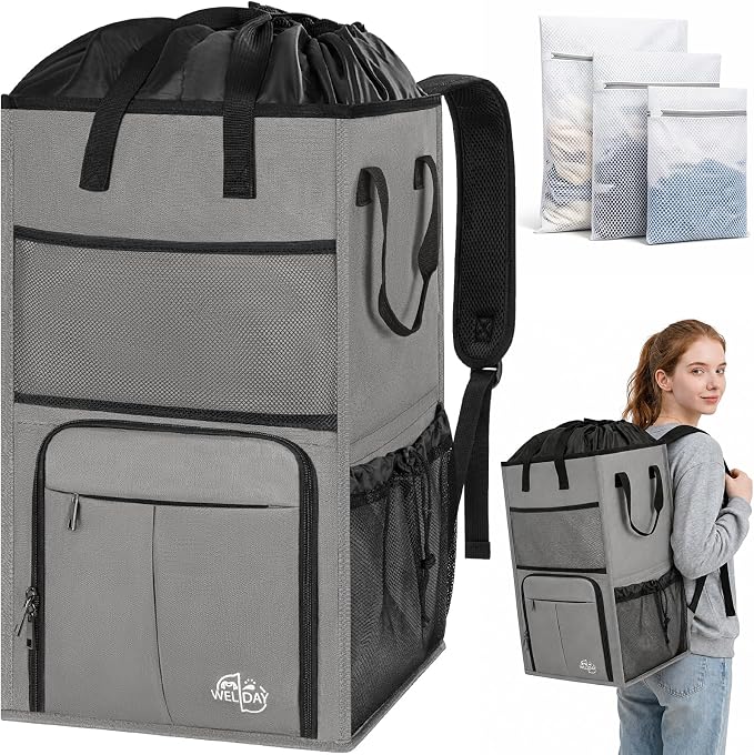 Large Laundry Backpack Bag with 3 Sizes Mesh Wash Bags Total 170L | 2 in 1 Laundry Hamper Basket with Shoulder Straps, Freestanding Laundry Bag for College Dorm, Laundromat, Apartment by WELIDAY