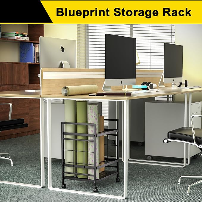 GIOTORENT Blueprint Storage Rack, Blueprint Holder with Wheels, Used for Storing Map/Poster/Blueprint/Architectural Construction Plan, 12 Slots, 2 Brakes, Silent Wheel for Home, Office, School(Black) - Image 2