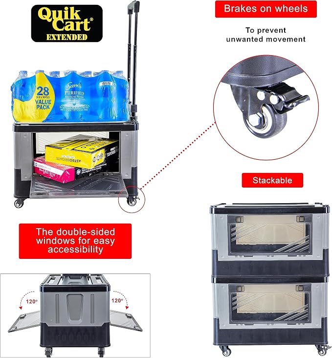 dbest Products Quik Cart Extended Collapsible Rolling Crate - Gray & Black | with Wheels, Dual Side Doors, Two-Position Handle, 360 Spinner Wheels, Foldable Utility Basket Cart with Seat, 80 lbs - Image 2