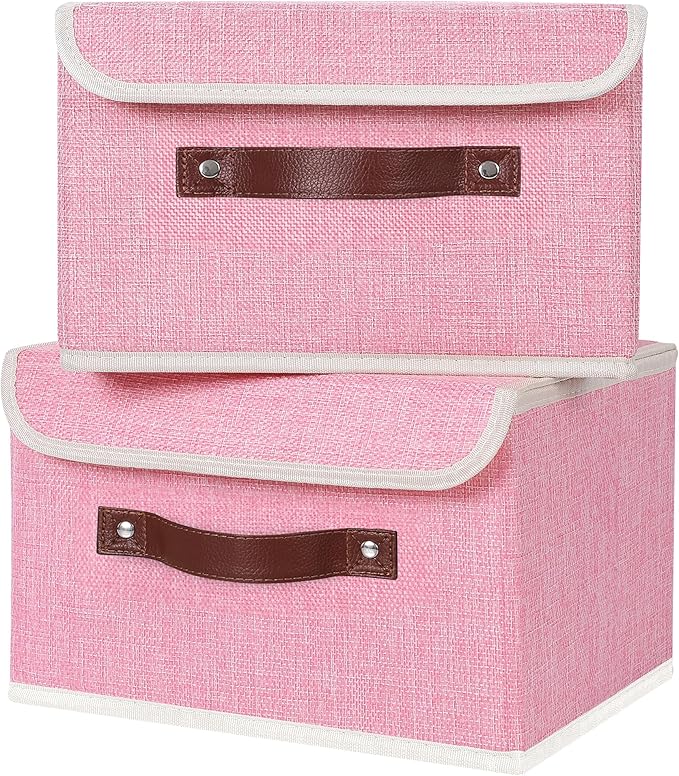 ANMINY Fabric Storage Box Bins with Lids, Pink, 10"x8"x7", 4 Pack | Keepsake Memory Storage, Cotton Linen, PP Board Reinforced, Washable, PU Handles, Foldable & Stackable, Decorative, Small - Image 2