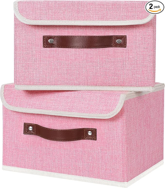 ANMINY Fabric Storage Box Bins with Lids, Pink, 10"x8"x7", 2 Pack | Keepsake Memory Storage, Cotton Linen, PP Board Reinforced, Washable, PU Handles, Foldable & Stackable, Decorative, Small by ANMINY
