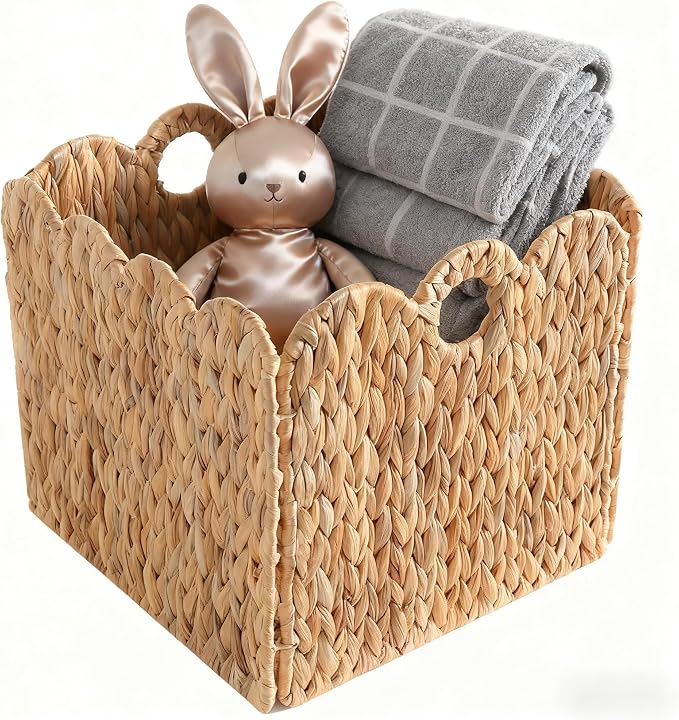 Scalloped Wicker Storage Cubes Basket, 12”x12“ Heavy Duty Paper rope/Hyacinth/Seagrass Baskets for Shelves, Foldable Natural Boho Square Bins (Water Hyacinth&12 x 12 x 12in&4-Pack) - Image 8