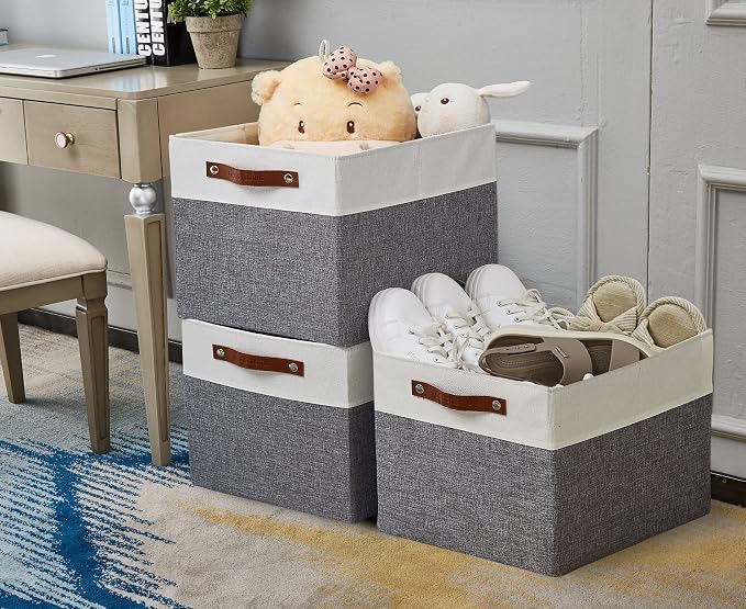 DECOMOMO Kallax Storage Cubes, Storage Baskets for Shelves 3-Pack | 13 x 15 x 13 Storage Bins, Baskets for Organizing Shelves (Grey & White) - Image 2