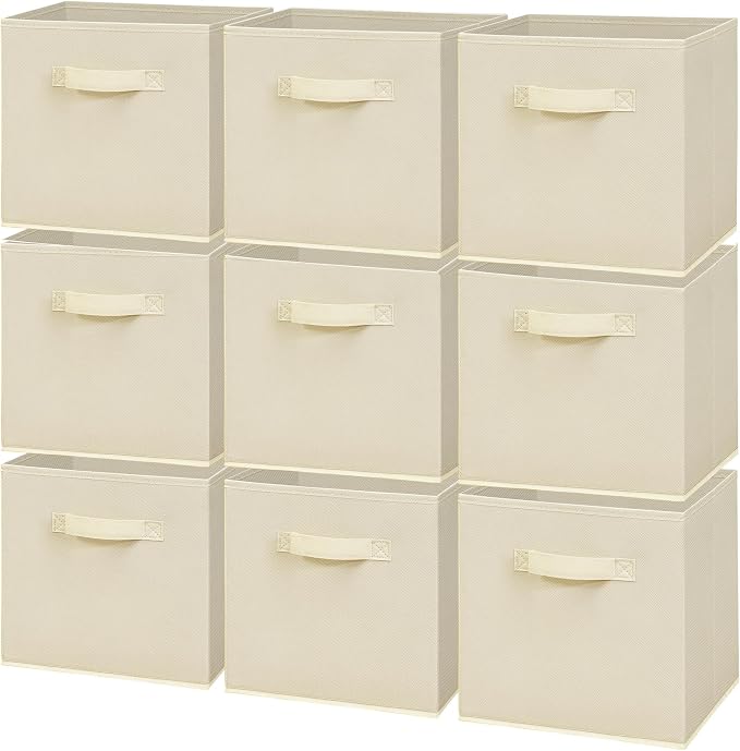 Easi Storage Cubes, 11 Inch Fabric Storage Bins, Set of 9, Foldable Collapsible Cube Organizer with Handles, Closet Shelves Office Nursery Storage, Cubby Storage Bins for Toys Clothes Books, Beige by Unknown