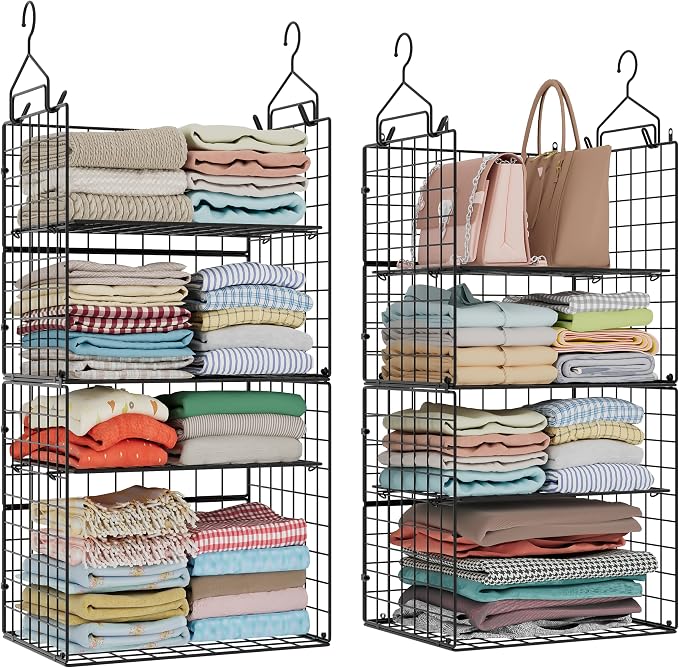 Hanging Closet Organizer and Storage - 8 Tier Closet Hanging Organizer Shelves, Metal & Foldable Hanging Storage Organizer Baskets with Adjustable Dividers for Clothing Sweaters Shoes Handbags by X-cosrack
