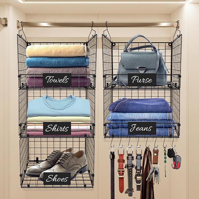 DECOLURE 5-Tier Adjustable Hanging Closet Organizer – Maximize Hanging Storage w/ 4 Hanging Hooks, 8 S Hooks & 5 Name Plates - Sturdy Foldable Wire Storage Hanging Shelves for Clothes, Towels (Black) by DECOLURE