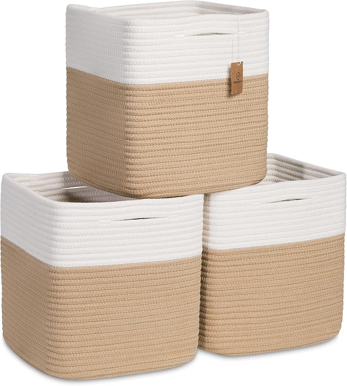 NaturalCozy Storage Cubes 11 Inch Cotton Rope Woven Baskets for Organizing, 3-Pack | Cube Storage Bin | Square Storage Baskets for Shelves Organizer, Classroom, Kids Toy Bins, Closet, Baby Nursery by NaturalCozy