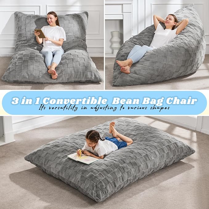 Hobestluk Adult Bean Bag Chair 3 in 1 Convertible Large Bean Bag Sofa | Plaid Grey,Machine Washable,Removable Cover,Easy Convert And Install,Floor Bed,For Livingroom Bedroom - Image 4