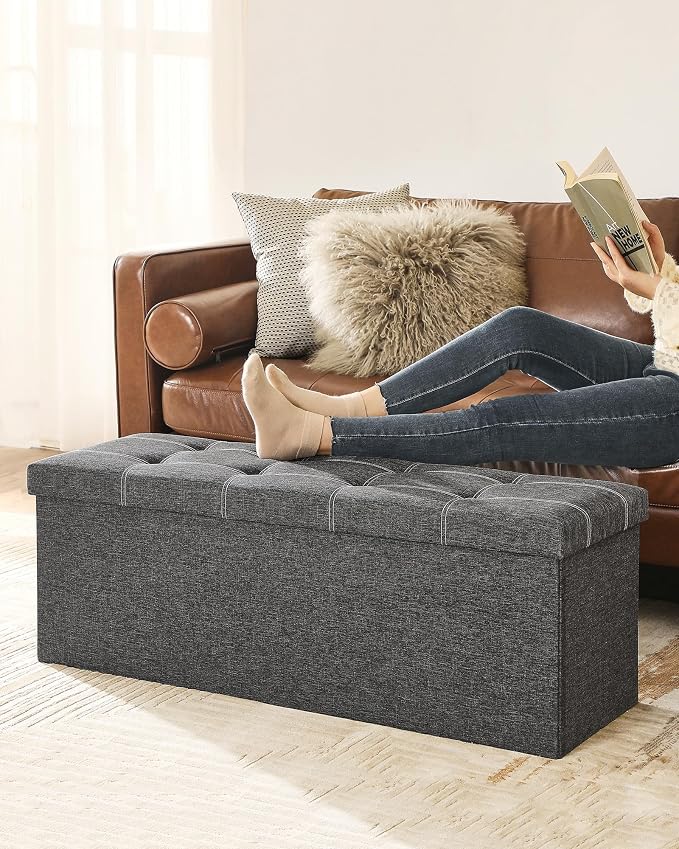SONGMICS Mazie Collection - 43 Inches Ottoman Storage Bench, 35 Gal. Folding Chest with Breathable Linen-Look Fabric, Load up to 660 lb, for Entryway, Living Room, Bedroom, Dark Gray ULSF077G04 - Image 9