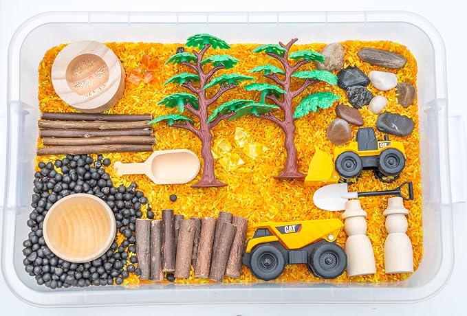 Construction Sensory Bin Kit for Kids | Taste-Safe Rice, Realistic Rocks & Logs, Wooden Tools & Vehicles – Includes Storage Bin – Montessori-Inspired Sensory Play by Unknown