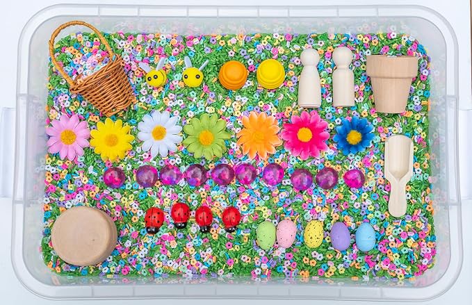 Spring Flower Sensory Bin Kit for Kids | Green Rice, Felt Bees, Wooden Eggs & Ladybugs, Floral Accessories & Wooden Tools – Includes Clear Storage Bin by Unknown