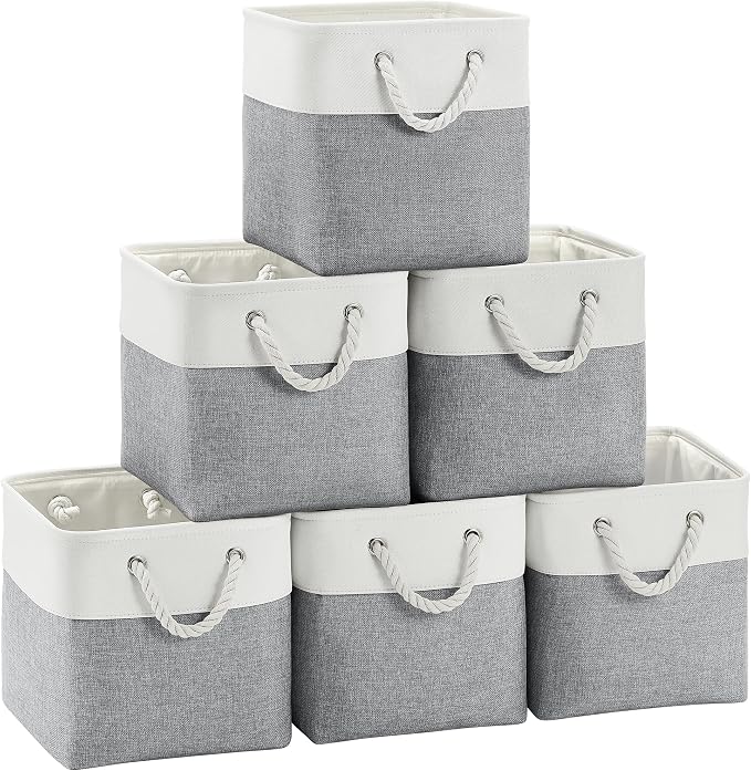FinishingBo 11 inch Cube Storage Bin with Handles 6 Pack | Foldable Basket, Fabric Storage Bins, Closet Storage, Home Organizer (White/Grey) by SimplifySpaceSimplifyLife
