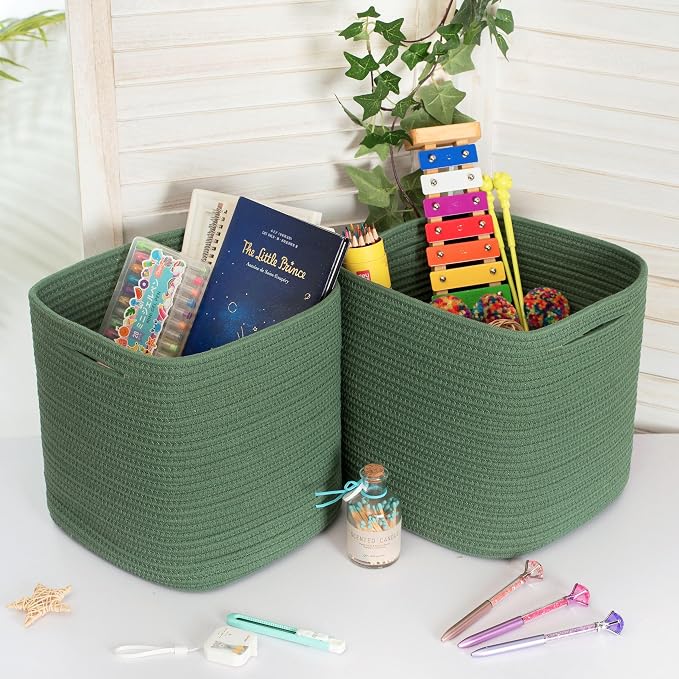3-Pack 11x11 Inch Cube Storage Bin, Woven Storage Cube Organizer, Closet Organizer, Cute Square Storage Bins, Decorative Classroom Bathroom Pantry and Shelf Baskets, Green - Image 6