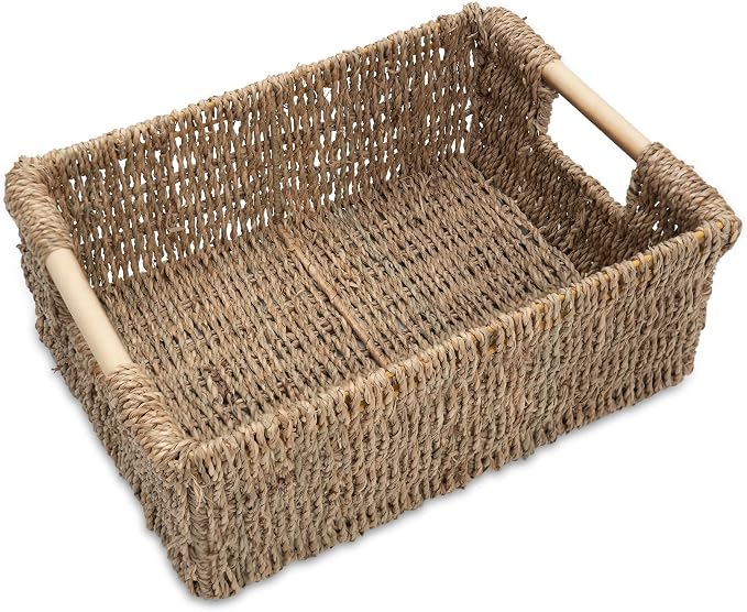 Natural Seagrass Storage Basket with Handle, Rectangular Woven Organizer Bin for Living Room or Shelf, Decorative Storage Basket, Medium Size 13.4 x 9.3 x 4.9 Inches by VATIMA
