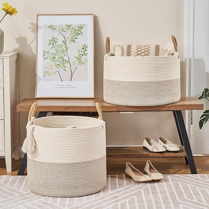 KAKAMAY Large Blanket Basket (18"x18"x16"), Woven Baby Laundry Hamper for Storage, Cotton Rope Basket for Nursery, Laundry, Living Room, Pillows, Baby Toy Chest with Handles (Black Stripes) - Image 6