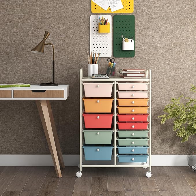 GOFLAME 15-Drawer Rolling Storage Cart, Craft Storage Cart with Removable Drawers & Lockable Wheels, Art Cart Supply Storage Organizer for Home Office Classroom, Macaron Color - Image 2