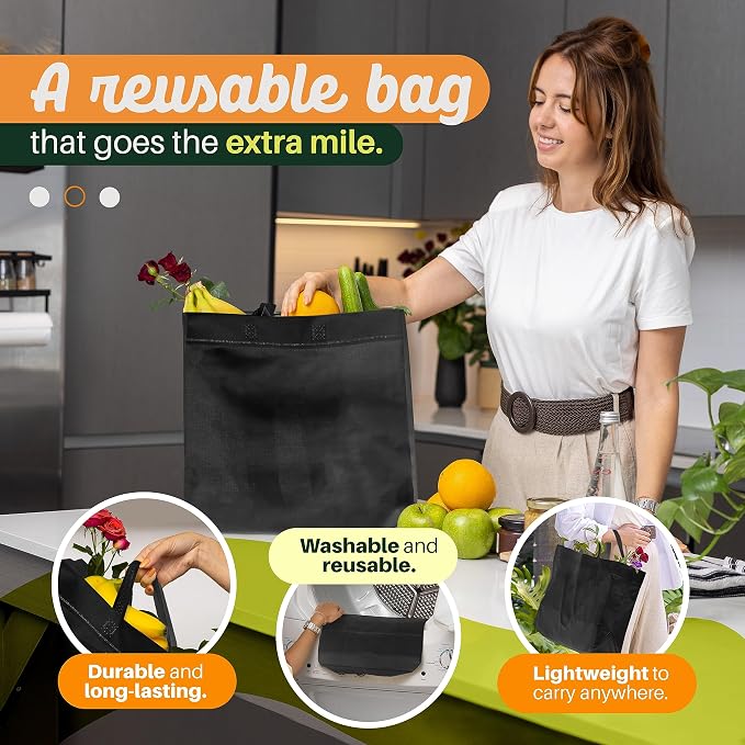 Simply Cool 50 Pack Reusable Grocery Bags, Large Tote Bags Bulk, Black | 14.5"x14"x6.6" Heavy Duty Non-woven Custom Shopping Bags with Handles, Foldable, Washable for Groceries and Commercial use - Image 3