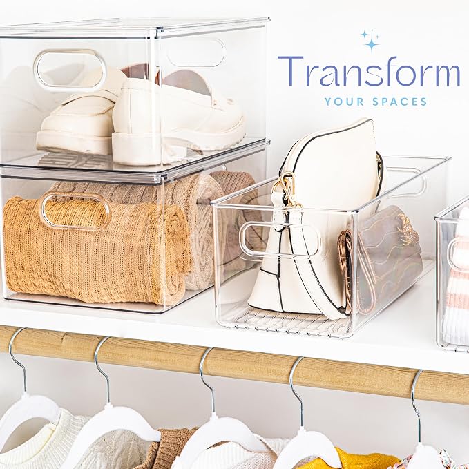 Plastic Food Storage 4 Pack Clear Container Bin with Handles for Organizing Kitchen, Pantry, Fridge, Freezer, Pantry, Bathroom. 14"x6"5" - Image 2