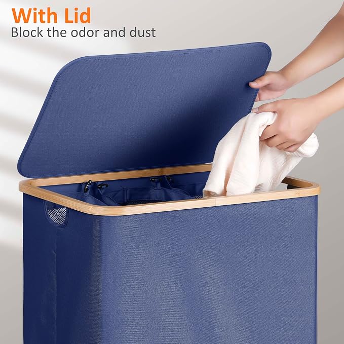 efluky Laundry Hamper with Lid, Trio Laundry Basket with 2 Removable Bags, 3 Section Laundry Bin with Bamboo Handles for Bathroom, Bedroom & Laundry Room, 160L (42.3 Gallon) Blue - Image 3