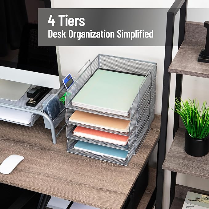 Mind Reader Stackable Paper Tray, Desktop Organizer, File Storage, Office, Metal Mesh, 10.5" L x 13.5" W x 11.25" H, 4 Pcs., Silver - Image 2