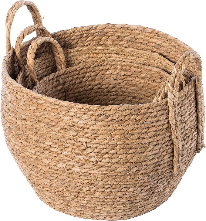 Vintiquewise Decorative Round Wicker Woven Rope Storage Blanket Basket with Braided Handles - Set of 3 - Image 5