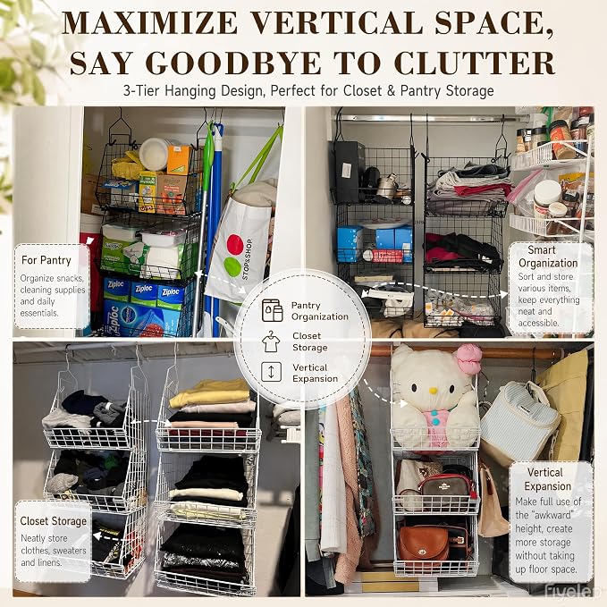 X-cosrack 3-Tier Hanging Closet Organizer, Laundry Room Organization | Space Saving Shelves with 1.65" Hook & 5 S-Hooks | Hanging Wire Baskets (12.4" W x 8.8" H x 10.24-11.8" D) - Image 6