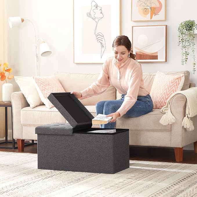SONGMICS MAZIE Collection - 30 Inches Storage Ottoman, Foldable Storage Bench with Flipping Lid, 660 lb Load Capacity, for Entryway, Living Room, Bedroom, Dark Gray ULSF46GYZ - Image 4