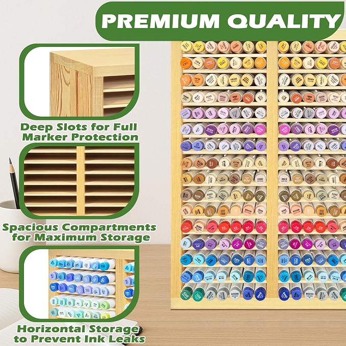 PROLEE Marker Organizer for 224 Markers, Wooden Alcohol Marker Holder with 32 Compartments, Horizontal Art Pen and Pencil Storage Rack for Desk, Classroom and Studio, Natural - Image 4