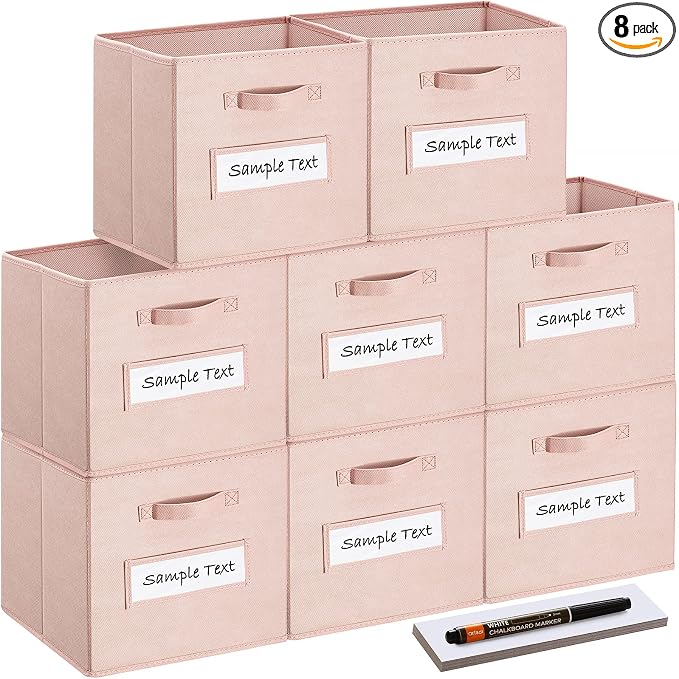 13x13x13 storage cube bins(Set of 8) Fabric storage cubes with 8 Labels Window Cards & a Pen, storage cubes 13x13, Collapsible 13 inch cube storage bins, Cubby Boxes, Pink by Artsdi