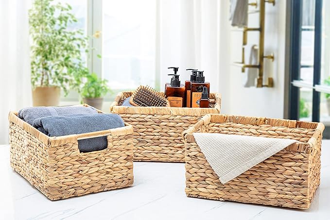Large Wicker Basket Rectangular with Wooden Handles for Shelves, Water Hyacinth Basket Storage, Natural Baskets for Organizing, Wicker Baskets for Storage 14.5 x 10.3 x 7.5 inches - 3 Pack - Image 7