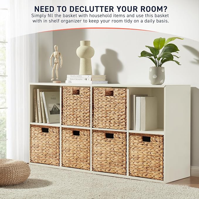 Ornavo Home 13x13 Water Hyacinth Storage Baskets Set of 6, Natural | Handwoven Collapsible Wicker Cube Bins with Handles; Ideal for Bathroom, Bedroom, Laundry or Pantry - Image 4