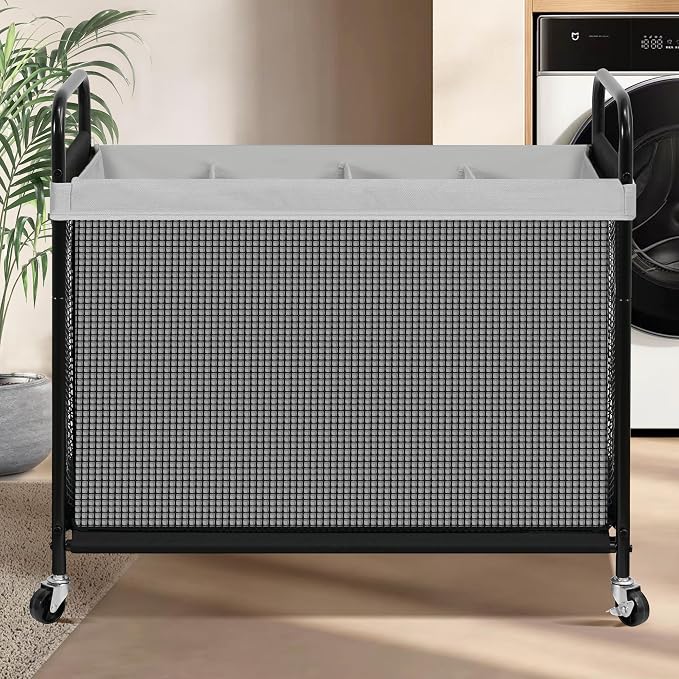 STO STO Laundry Hamper 4 Section, 140L Rolling Laundry Sorter Cart with Removable and Washable Liner Bag, Clothes Hamper with Wheels and Metal Handle for Laundry Room and Bedroom, Gray - Image 2