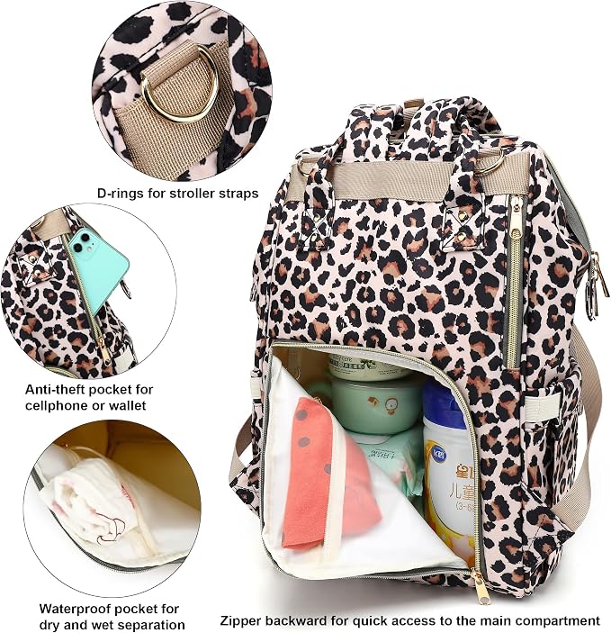 Leopard Baby Diaper Bag Backpack for Girls Boys, Waterproof Large Maternity Nappy Bags for Mom - Image 3